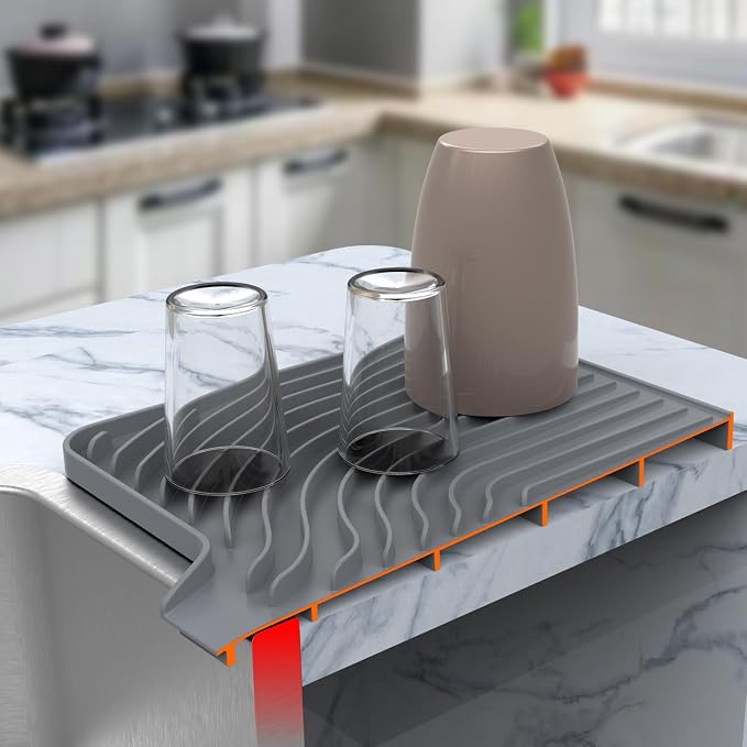 Silicone Dish Drying Mat for Kitchen Counter , Dish Drying Rack Matt with Built in Drain, 18 Inch dish Dry Mats for Kitchen Counter,Bumps up sink Applicable(18×12inch Extra Raised, gray)