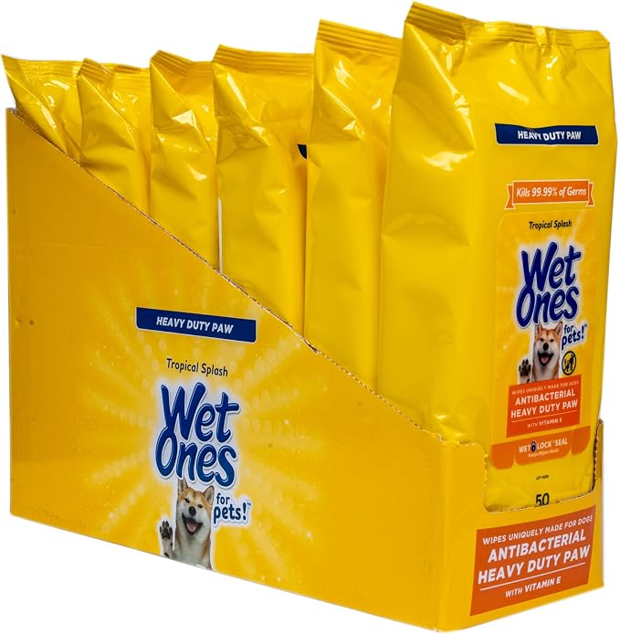 Wet Ones for Pets Antibacterial Heavy Duty Dog Paw Wipes with Tropical Splash Scent - Kills 99.99% of Germs, Thick Durable Disposable Paw Wipes for Dogs, 50 Count