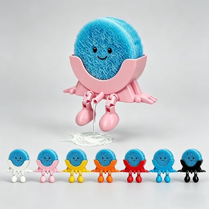 Cute Hanging Sponge Holder with Drainage,3D Printed Kitchen Funny Sponge Stand for Sink,with Non-Slip Pads,Suitable for Scrub Daddy Holder,Keeps Your Sponge Dry Smiling (Pink)