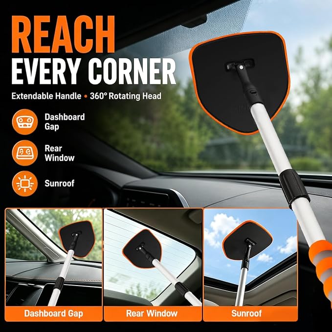 XINDELL Interior Windshield Cleaner Tool, Extendable Car Window Cleaning Kit with 360° Rotating Head, Interior Exterior Glass Cleaner for Cars Trucks SUVs, 10PCS with 3 Pads, Towels, Brushes & Bag | 360° Head, Extendable Handle, 3 Pads, 2 Brushes, 3 To...