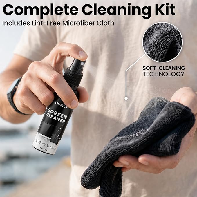 Screen Cleaner Spray and Wipe - TV screen cleaner spray and 2 Microfiber cloths, Computer Screen Cleaner, TV screen cleaner for Smart TV & Monitor, Laptop, MacBook, iPad and Electronic Devices - (2oz)