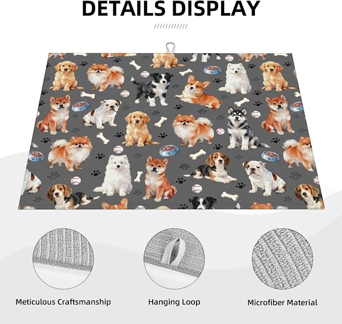 Cute Puppy Dog Dish Drying Mat for Kitchen Counter Cute Kitchen Dish Mat Microfiber Kitchen Countertop Absorbent Reversible Drainer Rack Pad
