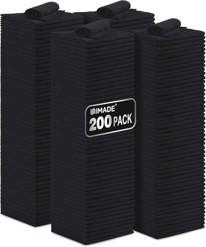 UNIMADE Microfiber Cleaning Cloth, 200 Pack Microfiber Towels for Cars Reusable Shop Rags Bulk Lint Free Cleaning Towels for Car Kitchen Automotive Bar Mechanic Restaurant Garage, 11.5"x 11.5", Black