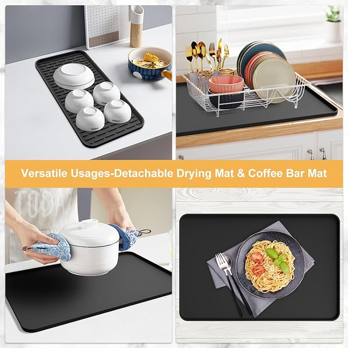 Silicone Coffee Mat,16''x16'' Coffee Bar Mat with Detachable Dish Drying Mat for Kitchen Countertops,Coffee Bar Accessories Fit Under Coffee Maker Coffee Machine Coffee Pot Espresso Machine Dish Rack