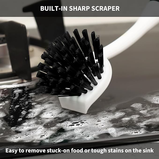 Dish Brush with Handle, 2 Pack Scrub Brushes with Built-in Scraper for Cleaning Kitchen, Pots, Pans and Sink, Scrubber Washing Tools, Black