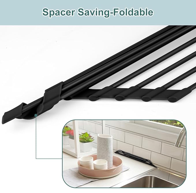 MERRYBOX Triangle Roll Up Dish Drying Rack Over The Sink, 2025 Anti-Rust Sink Drying Rack with Full Silicone Wrapped- Anti-Slip, Space Saving, Durable Organizer for Kitchen