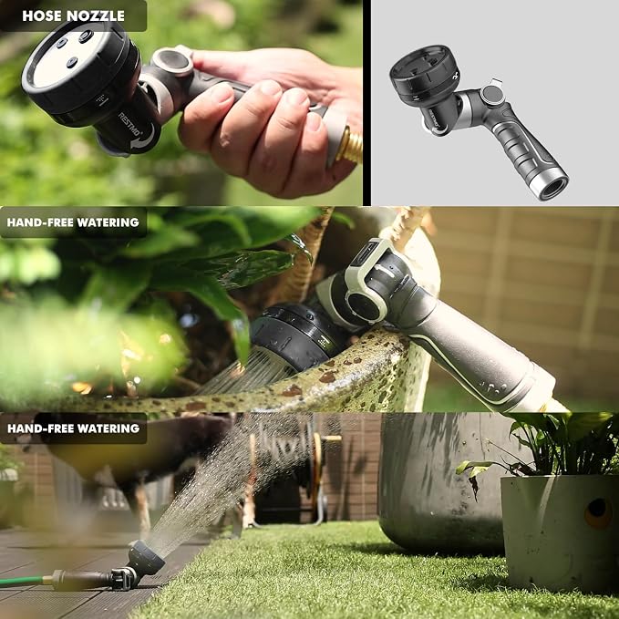 RESTMO Heavy Duty Garden Hose Nozzle, Multi-Angle Hose Spray Nozzle | 4 Adjustable Spray Patterns, Garden Hose Sprayer with Twist Switch, Thumb Flow Control, Ideal for Outdoor Lawn & Yard, Black