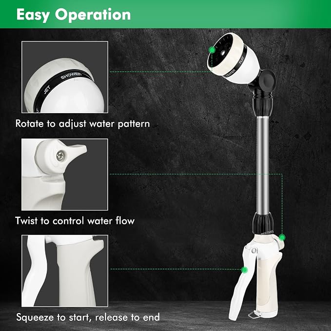 RESTMO Heavy Duty Metal Hose Wand, Watering Wand for Garden Hose | 180° Swivel Ratcheting Head, 16'' Hose Sprayer, 7 Spray Patterns, Flow Control, Ideal for Hanging Baskets & Shrubs, White