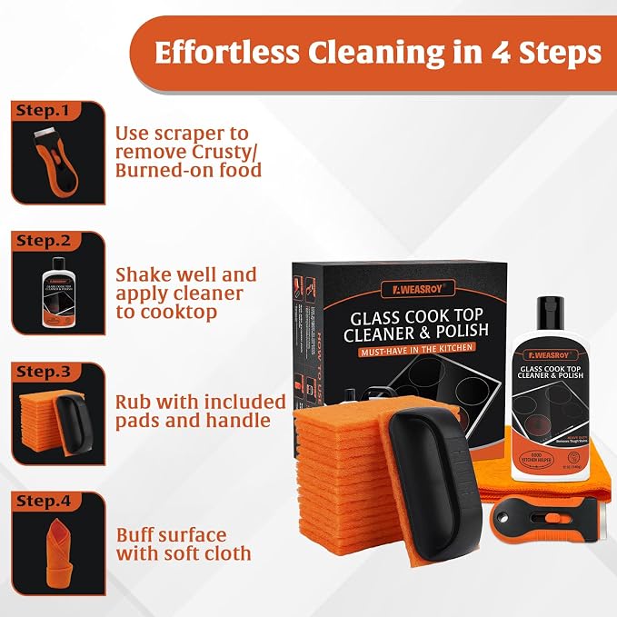 AWEASROY 20pcs Glass Stove Top Cleaner Kit - 12 oz Cooktop Cleaner Polish, Non-Abrasive No Scratch, Removes Tough Stains, Includes Scrubbing Pad, Scraper & Microfiber Cloth for Smooth Glass Surfaces