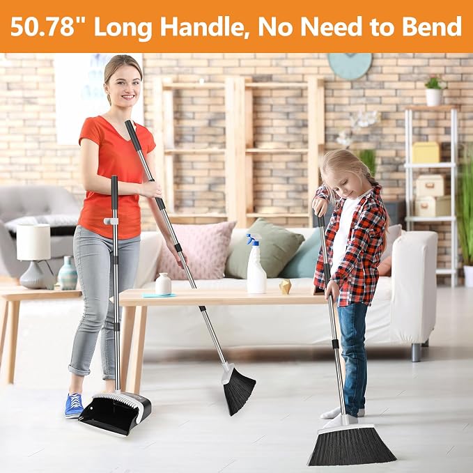 Folews Broom and Dustpan Set, Heavy Duty Dust Pan with Broom Combo Set | 51 Inch Long Handle, Upright Self-Cleaning, for Home Kitchen Lobby Indoor Outdoor Sweeping Cleaning Tool, Gray