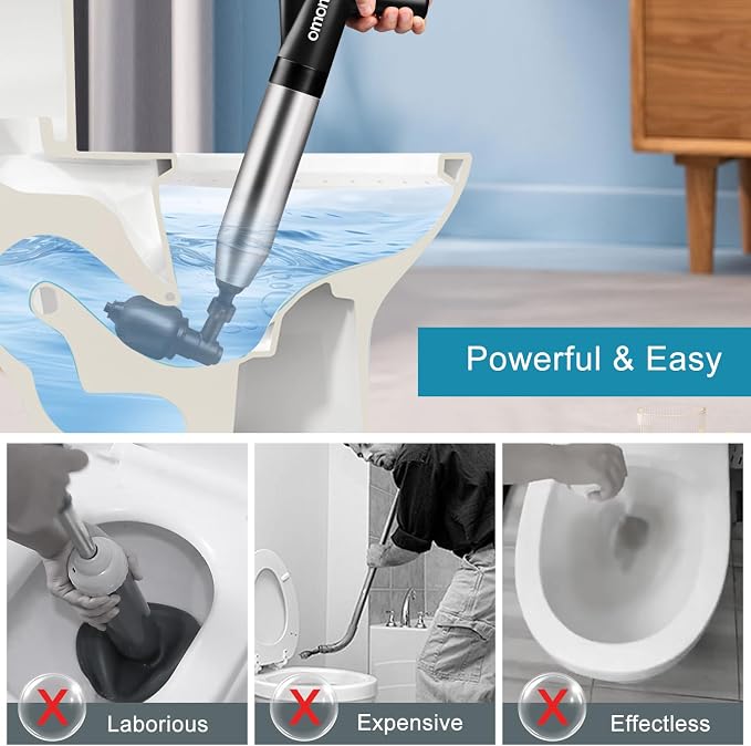 Toilet Plunger Drain Clog Remover: High Pressure Air Drainage Blaster Clog Remover Tool with Gloves- Stainless Steel Black Air Plunger for Bathroom, Sink, Floor, Kitchen Clogged