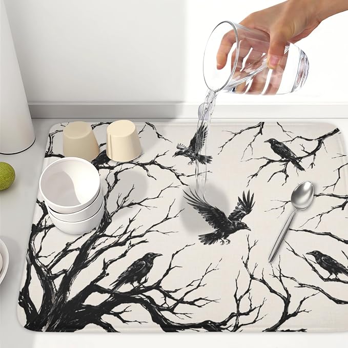 Halloween Crows Dish Drying Mat for Kitchen Counter Vintage Spooky Black Tree Branches Raven Pattern Microfiber Dish Drainer Mat Rustic Absorbent Washable Drying Pad 18"x24"