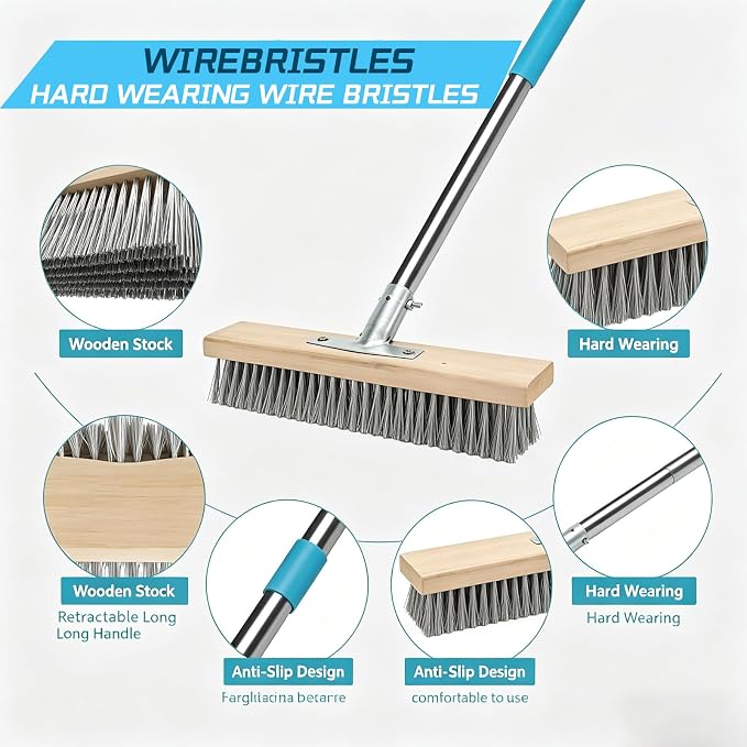 LINMAGOCO Stainless Steel Wire Scrub Brush with 63" Long Handle,12IN Outdoor Garden Broom, with a Wire Brush and a Soft Bristle Brush for Garden, Patio, Garage, Moss,Algae,Grime Remover