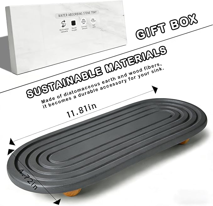 Instant Dry Sink Tray, Anti-Slip Stone Sink Caddy, Durable Kitchen Sink Organizer, Quick Dry Water Absorbing Stone Tray for Bathroom Counter, Stone Soap Tray -Dark Gray