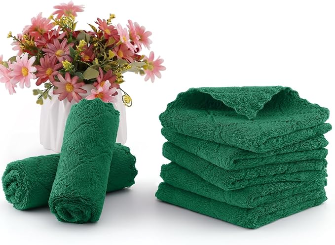 Homaxy 12 Pack Kitchen Dish Cloths (10 x 10 Inches, Dark Green), Super Soft and Absorbent Coral Velvet Dish Towels, Nonstick Oil Fast Drying Microfiber Cleaning Cloth, No Lint Household Dishcloths