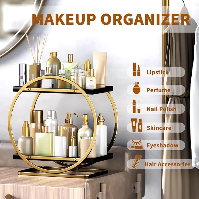 Makeup Organizer for Vanity, Black Gold Perfume Organizer for Dresser, 2-Tier Bathroom Countertop Organizers, Bathroom Counter Shelf Skincare Holder Perfume Tray Cosmetic Display