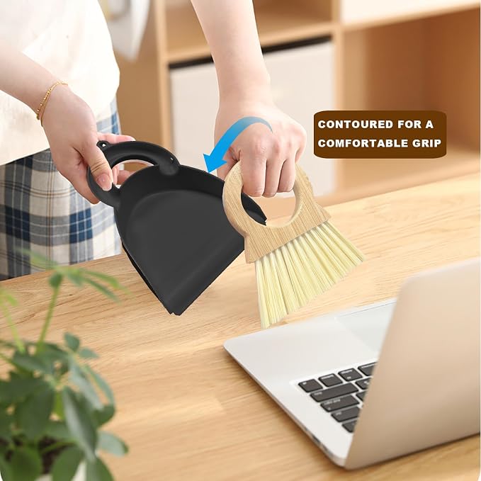 Mini Broom and Dustpan Set Bamboo Broom with Dustpan Combo Set Portable Hand Sweeper for Office Kitchen Dorm Home Quick Cleanups (Black)