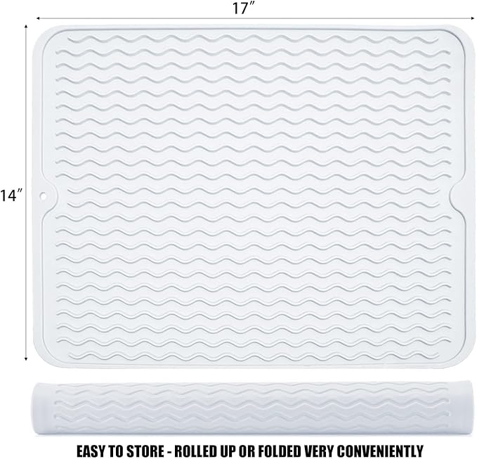 Large 17" x 14" Silicone Dish Drying Mat for Kitchen Counter, Easy clean, Quick Dry, Heat-resistant Dish Drainer Mat for Sink,Refrigerator or Drawer liner (Food Grade Silicone-Translucent)