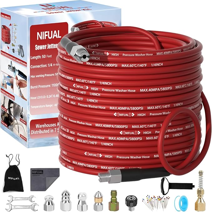 NIFUAL Sewer Jetter Kit for Pressure Washer,100FT 5800PSI Pressure Drain Cleaner 1/4 Inch NPT Corner Rotating and Button Hose Sewer Jetting Nozzle for Homeowners & DIYers