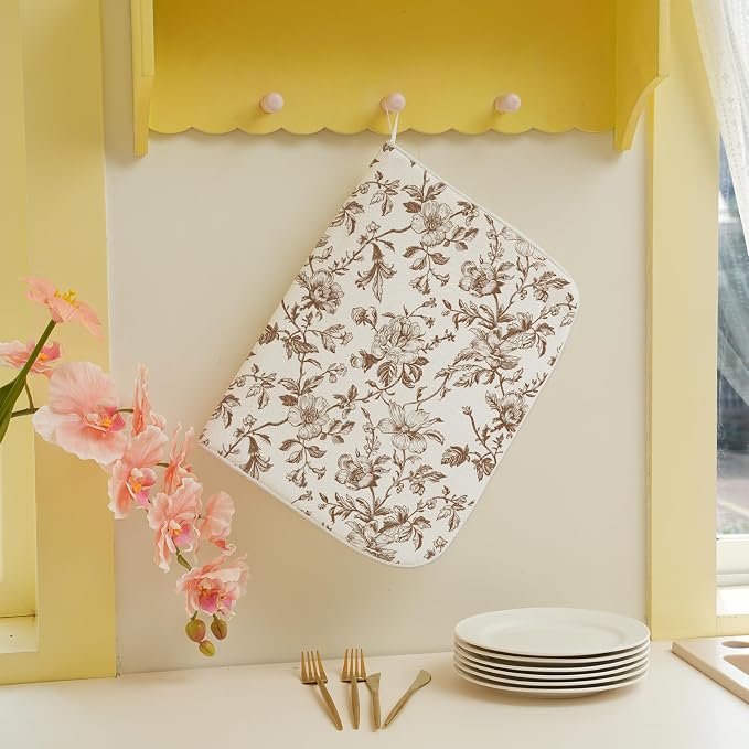 Brown Floral Dish Drying Mat 18x24 Inch Vintage Fall Brown Floral Drying Mat for Kitchen Counter Absorbent Autumn Flowers Dishes Dry Pad for Drainer Rack Kitchen Fast Dry