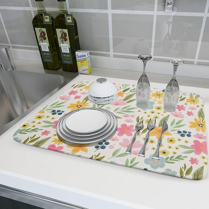 Spring Easter Floral Dish Drying Mat for Kitchen Counter 18x24 Green Pink Yellow Blue Cute Flower Print Absorbent Reversible Microfiber Drying Mats Kitchen Countertop Protector Dishes Drainer Pad