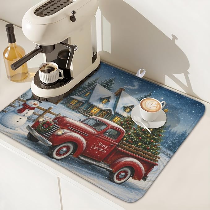 Merry Christmas Dish Drying Mat for Kitchen Counter 16x18 Inch Snowman Truck Dish Drainer Mat Absorbent Microfiber Winter Snowflake Dish Rack Pad for Coffee Dining Bar Decor