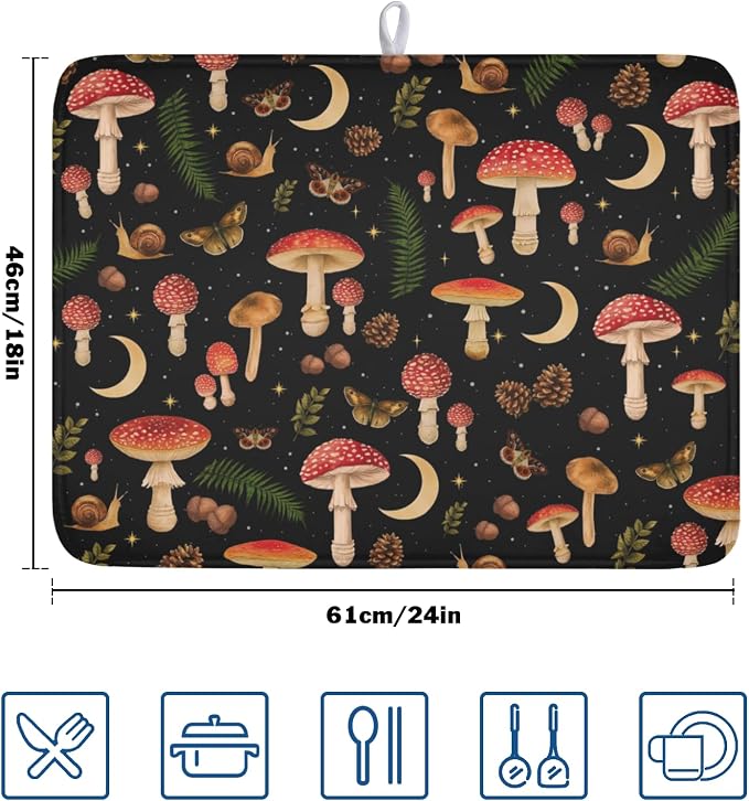 Botanical Mushroom Fern Leaf Dish Drying Mat 18x24 Inch | Butterfly，Polyester，Absorbent Microfiber，for Kitchen Coffee Dining Bar Decor