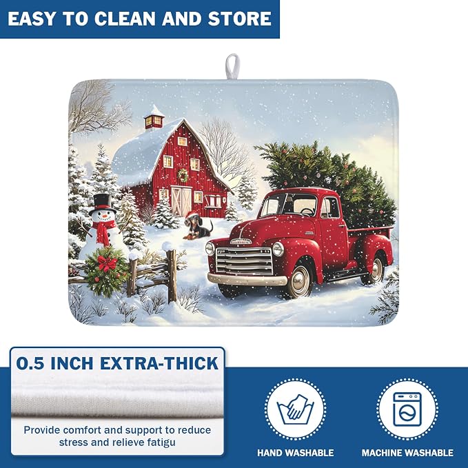 Giwawa Red Truck Dish Drying Mat Winter Xmas Tree Drainer Rack Pad 18"x24" Microfiber Absorbent Quick Dry Dish Sink Mat for Table Kitchen Counter