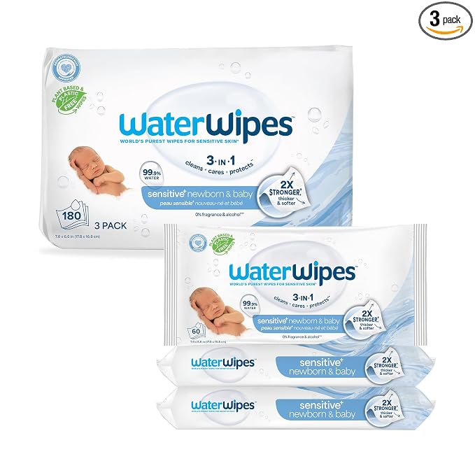 WaterWipes Sensitive+ Newborn & Baby Wipes, 3-In-1 Cleans, Cares, Protects, 99.9% Water, Unscented & Hypoallergenic, 180 Count (3 Packs)