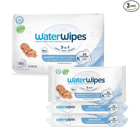 WaterWipes Sensitive+ Newborn & Baby Wipes, 3-In-1 Cleans, Cares, Protects, 99.9% Water, Unscented & Hypoallergenic, 180 Count (3 Packs)