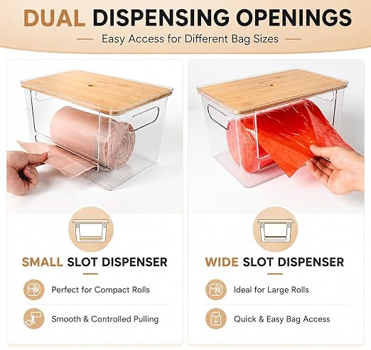 Stackable Trash Bag Dispenser with Wooden Top for Holding 13 to 33 Gallon Large Bag Sizes – Medium Size Garbage Bag Holder with Anti-Slip Base, Trash Bag Dispenser Under Sink (10.8"x6.7"x6" inches)