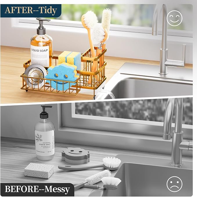 Consumest Sponge Holder for Kitchen Sink - Auto Draining Sink Caddy Organizer with Detachable Rack, High Brush Holder, Kitchen Countertop Storage Accessories, Gold
