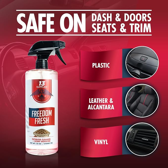 Freedom Fresh Car Interior Cleaner Spray, Cherry Pie, 32 oz | Auto Cleaner for Headliner, Mats, Interior Vehicle Cleaning, Car Dashboard Cleaner Stain Remover, Restores Shine