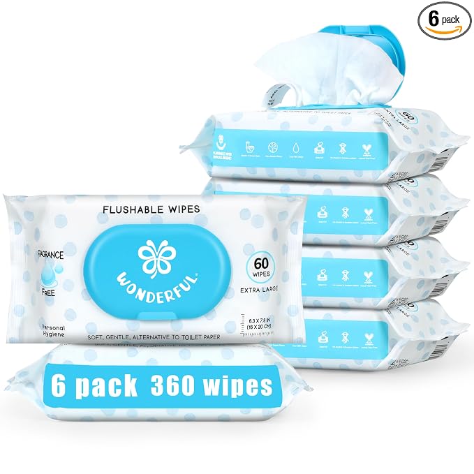 WONDERFUL Flushable Wipes, Unscented 100% Plant-Based Wet Butt Wipe for Adults & Kids, Sewer Septic Safe, Gentle for Sensitive Skin, Wipes Flushable Pack for Bathroom & Travel, 6-Pack (360 Count)