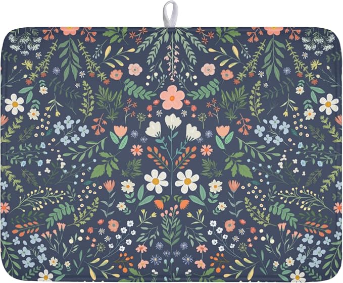 Floral Dish Drying Mat for Kitchen Counter Rustic Flower Leaves Print Microfiber Dish Drainer Mat Farmhouse Floral Absorbent Washable Drying Pad Extra Large 18"x24"