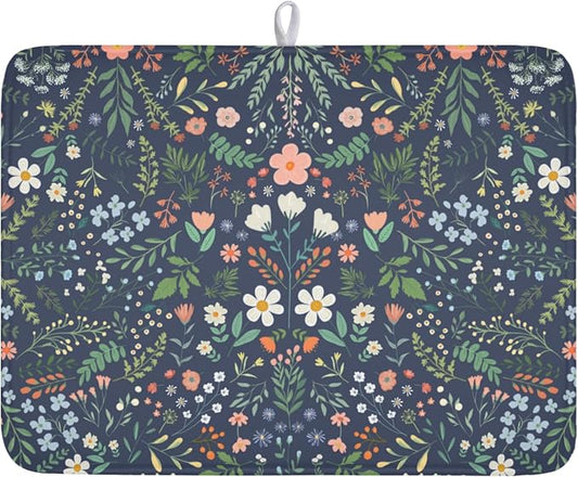 Floral Dish Drying Mat for Kitchen Counter Rustic Flower Leaves Print Microfiber Dish Drainer Mat Farmhouse Floral Absorbent Washable Drying Pad Extra Large 18"x24"