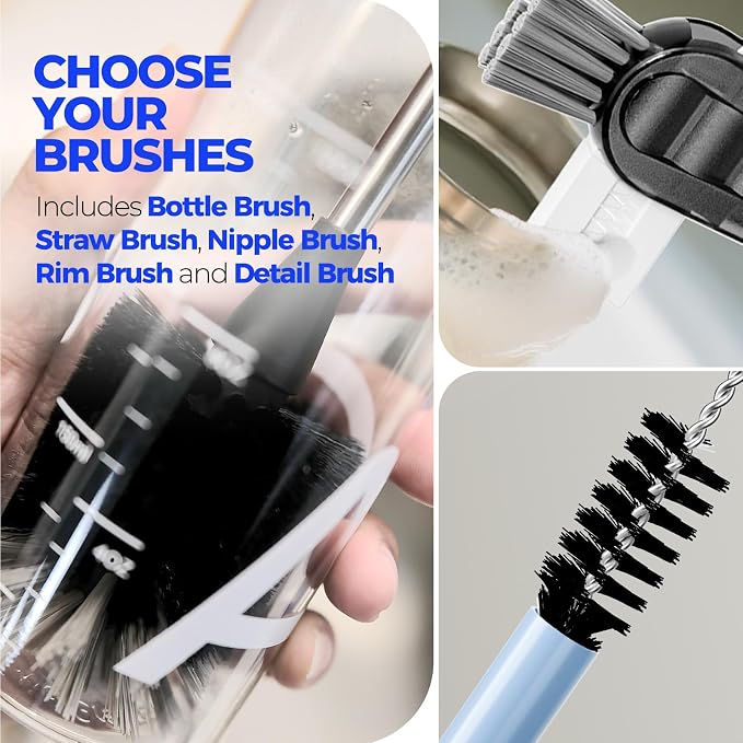 Holikme 6 Pack Bottle Brush Set, 14" Long Handle Stainless Steel Bottle Cleaner Brush, 3 Straw Brushes, Bottle Cleaning Brush for Water Bottle, Baby Bottle Straws, Black