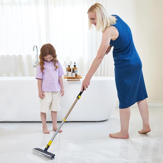 Yocada Floor Scrub Brush Telescopic Handle 2 in 1 Scrape Brush 55.9 inch | Stiff Bristle Shower Scrubber for Cleaning Patio Bathroom Garage Kitchen Wall Deck Tub Tile