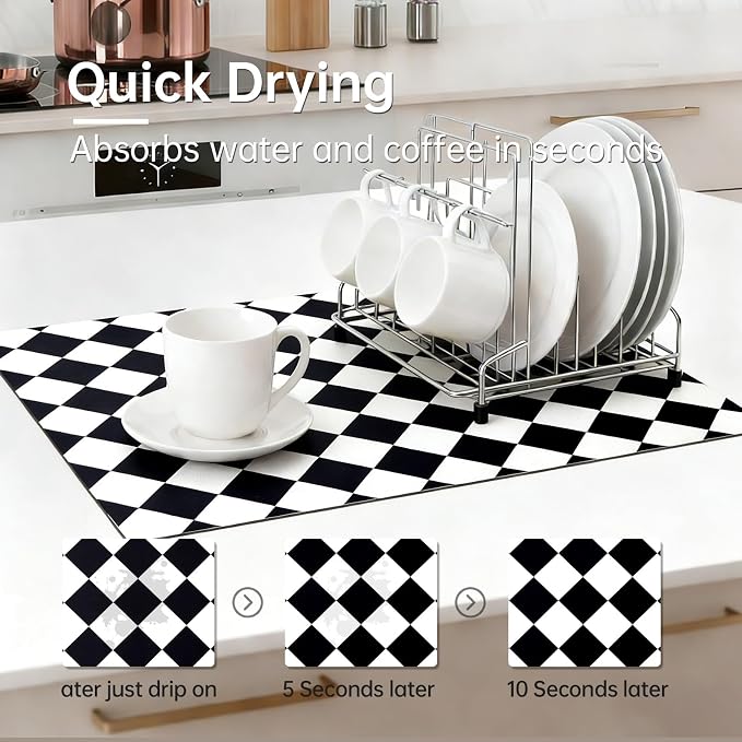 Checkered Dish Drying Mat for Kitchen Counter 24x16 Inch Super | Resistant Mat Reusable Place Mats,Aesthetic Coffee Car Accessories,Office Desk Pad Protector