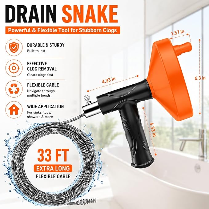 33 Feet Drain Snake Auger, Plumbing Snake Drain Hair Clog Removal Tool, Sink Unclogger Drain, Heavy Duty Drum Auger, Cleaner Tool for Bathroom Kitchen Tub Shower Drain Clog Remover with Gloves，Orange