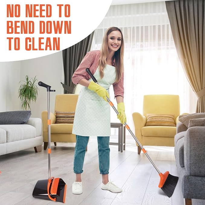 Broom and Dustpan Set,54.72" Long Handle,Standing Dustpan,1-Pack | Light Weight Stainless Steel Poles,Upright Dustpan with Broom Combo,for Home Kitchen Office Pet Dog Hair,Black & Orange