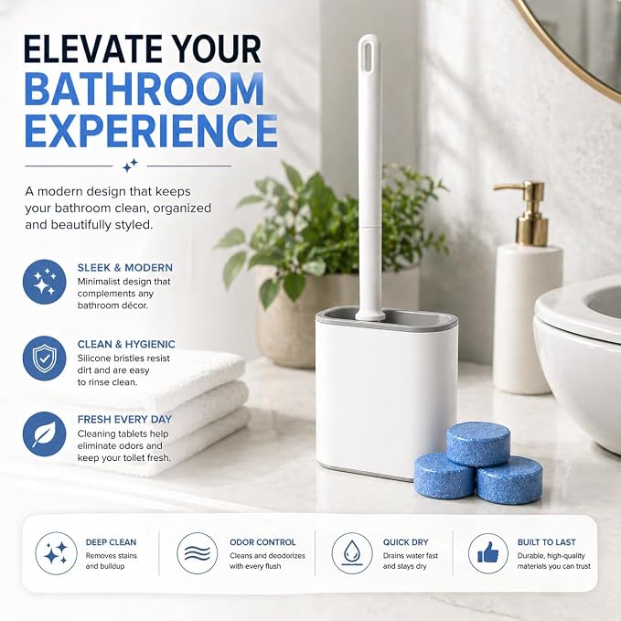 Silicone Toilet Brush and Holder Set with 3 Cleaning Tablets, Quick-Dry Base, Flexible Non-Scratch Bristles, Odor-Free Bathroom Toilet Bowl Cleaner Brush, Compact Space-Saving Design