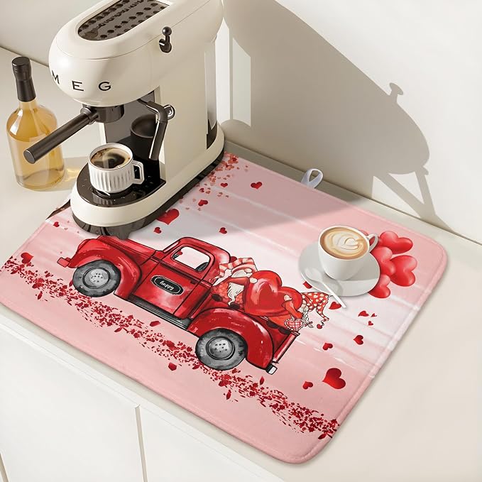 Valentine's Day Dish Drying Mats for Kitchen Counter, Happy Valentine's Day Dish Mat Absorbent Reversible Microfiber Dish Drying Pad Love Kitche Mat Dish Drainer Rack Mats for Coffee Bar 18"x24"