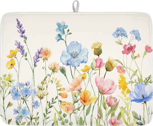 Botanical Floral Dish Drying Mat for Kitchen Counter 18x24 Inch | Wildflower，Polyester，Absorbent Microfiber，for Kitchen Coffee Dining Bar Decor