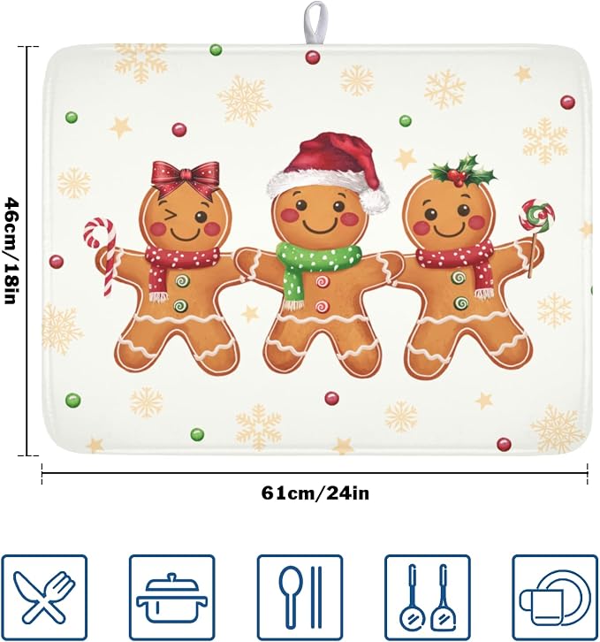 Christmas Gingerbread Man Dish Drying Mat for Kitchen Counter Xmas Gold Snowflake Dish Drainer Mat Rustic Farmhouse Winter Holiday Absorbent Washable Drying Pad 18"x24"
