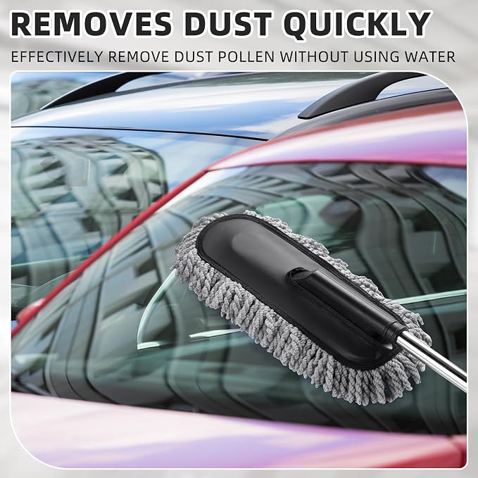Tanlade 1 Pack Microfiber Car Duster Exterior Scratch Free with Extendable Handle Soft Car Duster Kit for Cleaning Dust Brush Set for Exterior Interior Cleaning Tools (Gray)