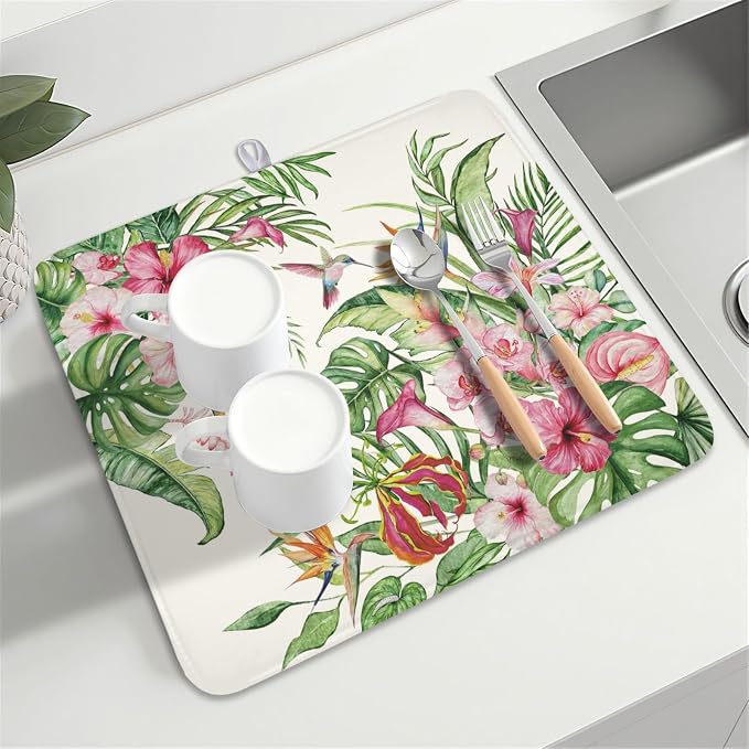 Floral Hibiscus Dish Drying Mat for Kitchen Counter 16x18 Inch | Floral，Polyester，Absorbent Microfiber，for Coffee Dining Bar Decor