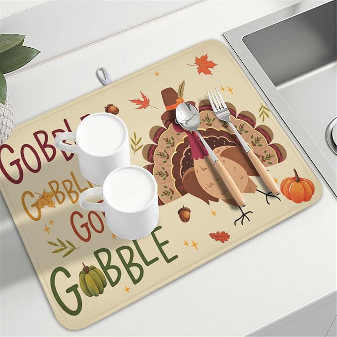 Thanksgiving Turkey Dish Drying Mat for Kitchen Counter 18x24 Inch Pumpkin Dish Drainer Mat Absorbent Microfiber Gobble Dish Rack Pad for Fall Holiday Coffee Dining Bar Decor