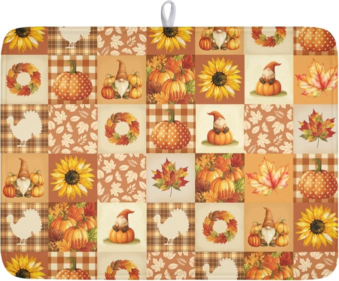 Fall Thanksgiving Dish Drying Mat for Kitchen Counter Autumn Harvest Orange Dish Drainer Mat Rustic Absorbent Washable Drying Pad 18"x24"