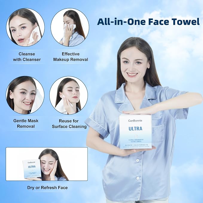 Clean Face Towels XL, 10"×12" Biobased Facial Towels, Disposable Face Towelette, Makeup Remover Dry Wipes, Extra Thick and Soft for Skin Care, Clean Skin, 200 Count (4 Pack)